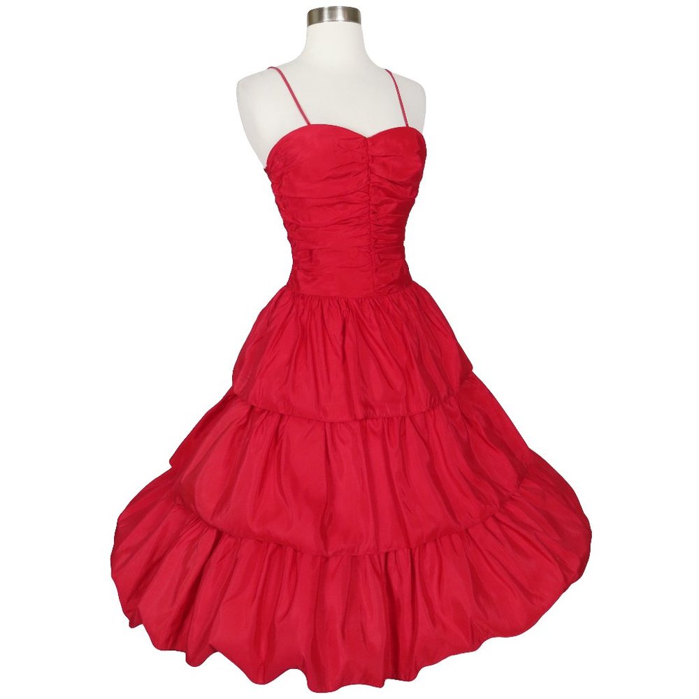 Vintage 80s Red Tiered Spaghetti Straps Full Skirt Prom Party Dress XS